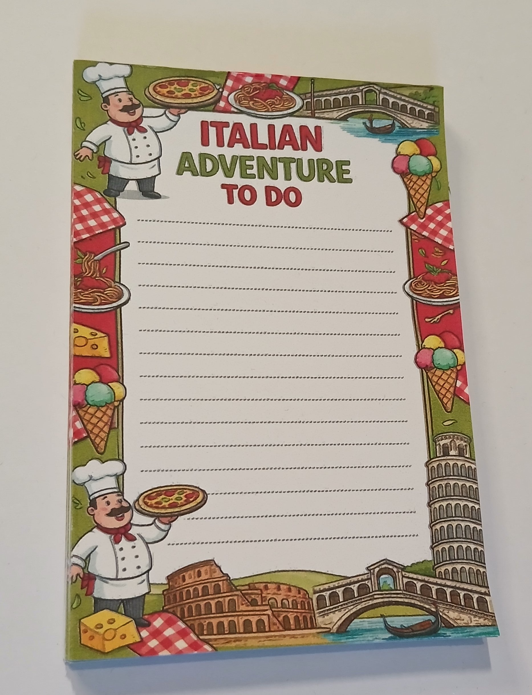 Notepad with Italian-themed design featuring a chef, pizza, and landmarks on a white background.