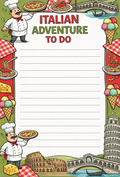 Notepad with Italian-themed design featuring a chef, pizza, pasta, and ice cream, with text 'Italian Adventure To Do'.