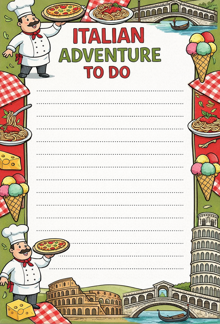 Notepad with Italian-themed design featuring a chef, pizza, pasta, and ice cream, with text 'Italian Adventure To Do'.